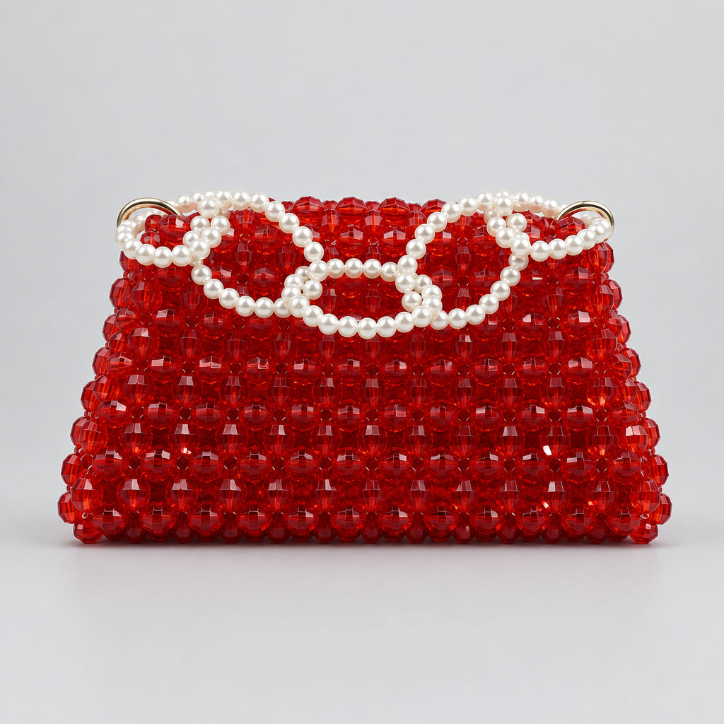 Ruby Rouge Bag, vibrant red beads with a pearl-beaded handle, front view