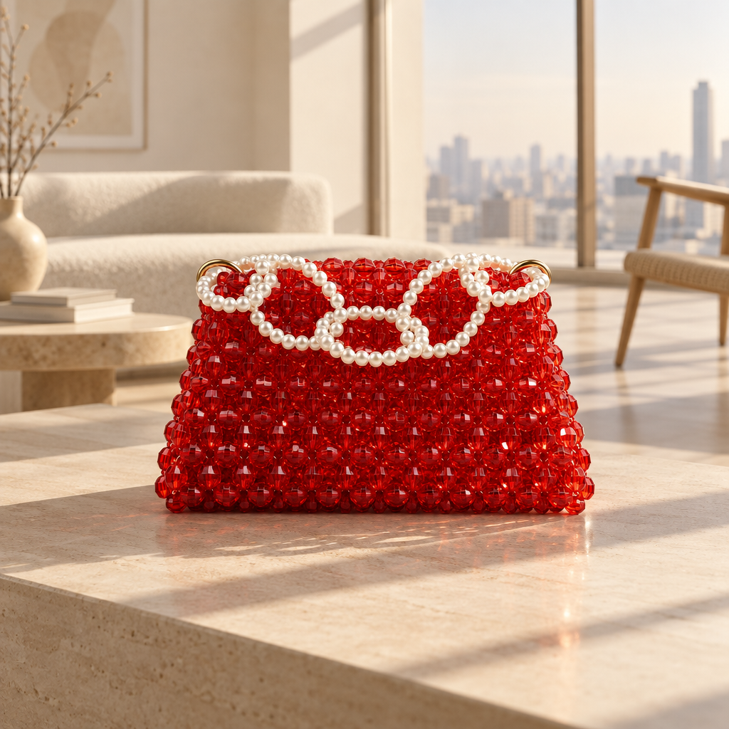 Ruby Rouge Bag on a stone table in a sunlit living room