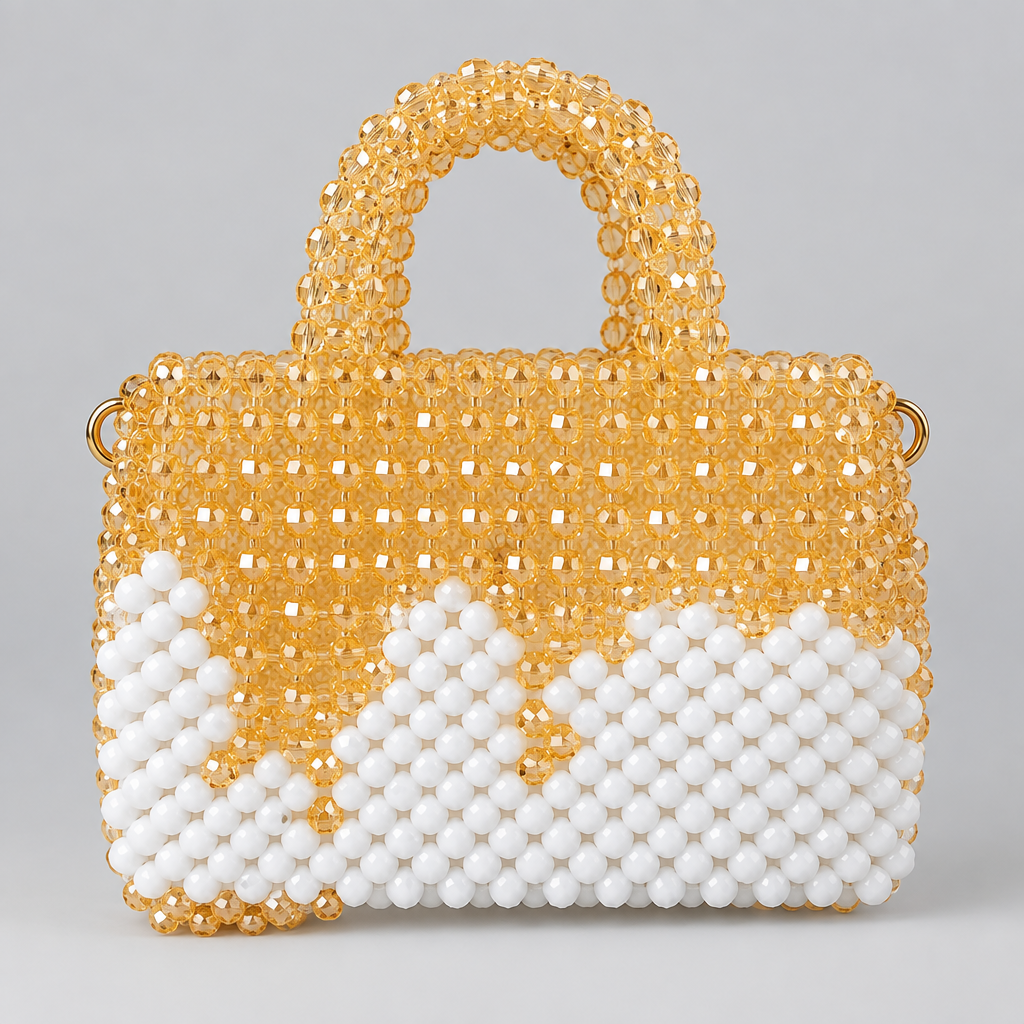 Champagne Bloom Bag, champagne-gold beads with a white beaded pattern, front view