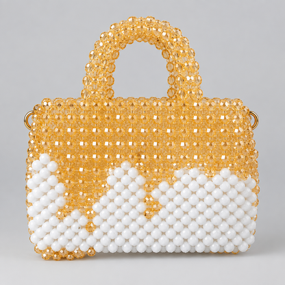 Champagne Bloom Bag, champagne-gold beads with a white beaded pattern, front view