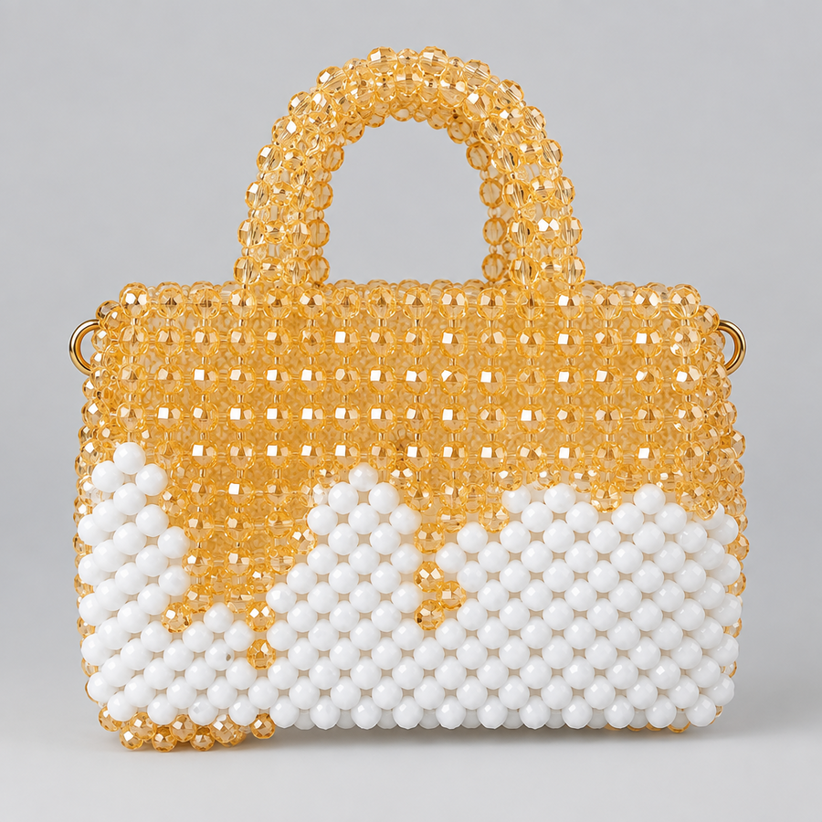 Champagne Bloom Bag, champagne-gold beads with a white beaded pattern, front view