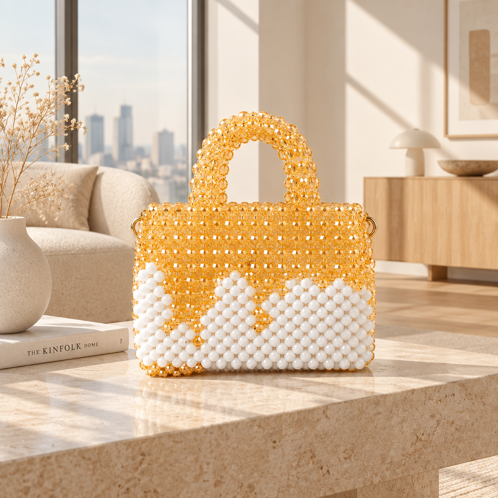 Champagne Bloom Bag on a stone table in a sunlit living room