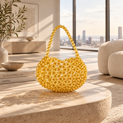 Golden Aura Bag on a stone plinth in a sunlit living room