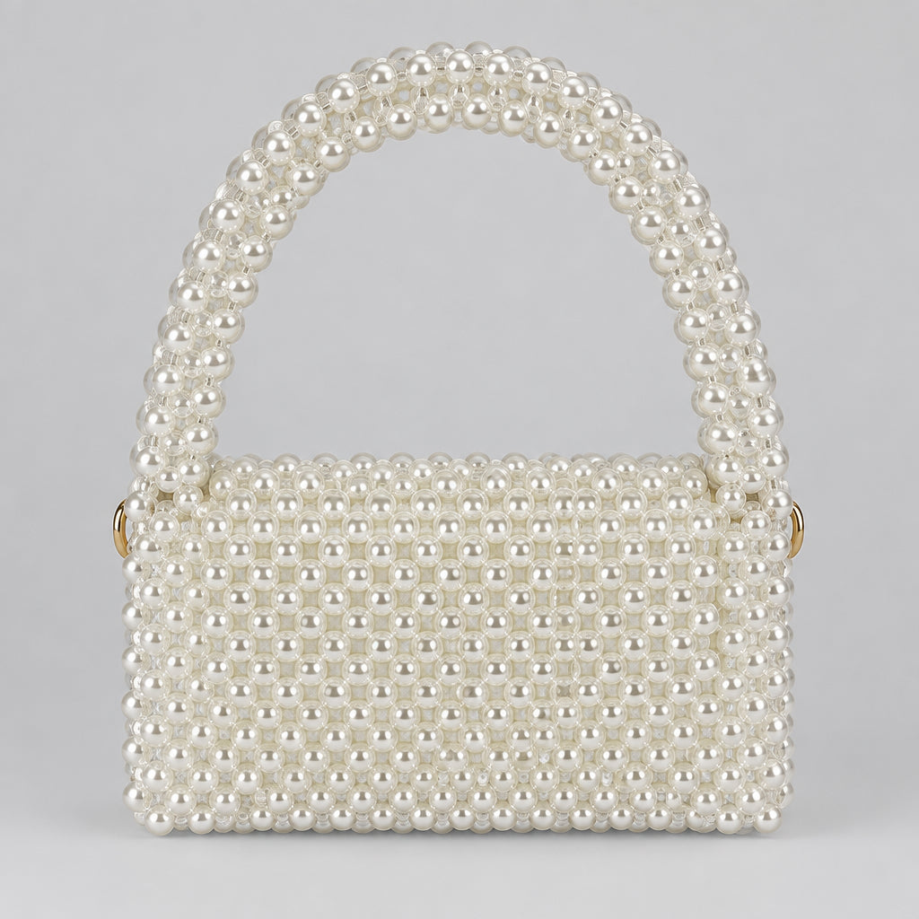 Pearl Muse Bag, structured white pearl bag with a beaded handle, front view