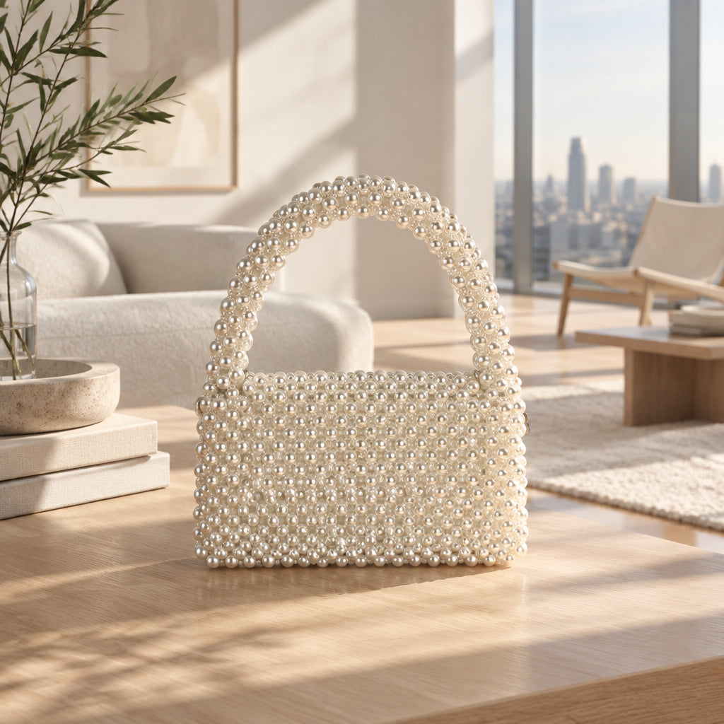 Pearl Muse Bag on a stone table in a sunlit living room